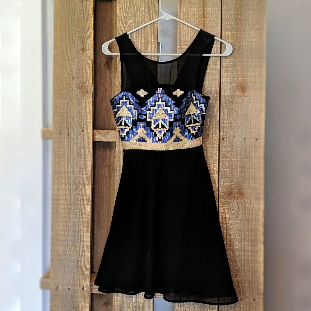 Black, Blue and Gold Sequin-top dress